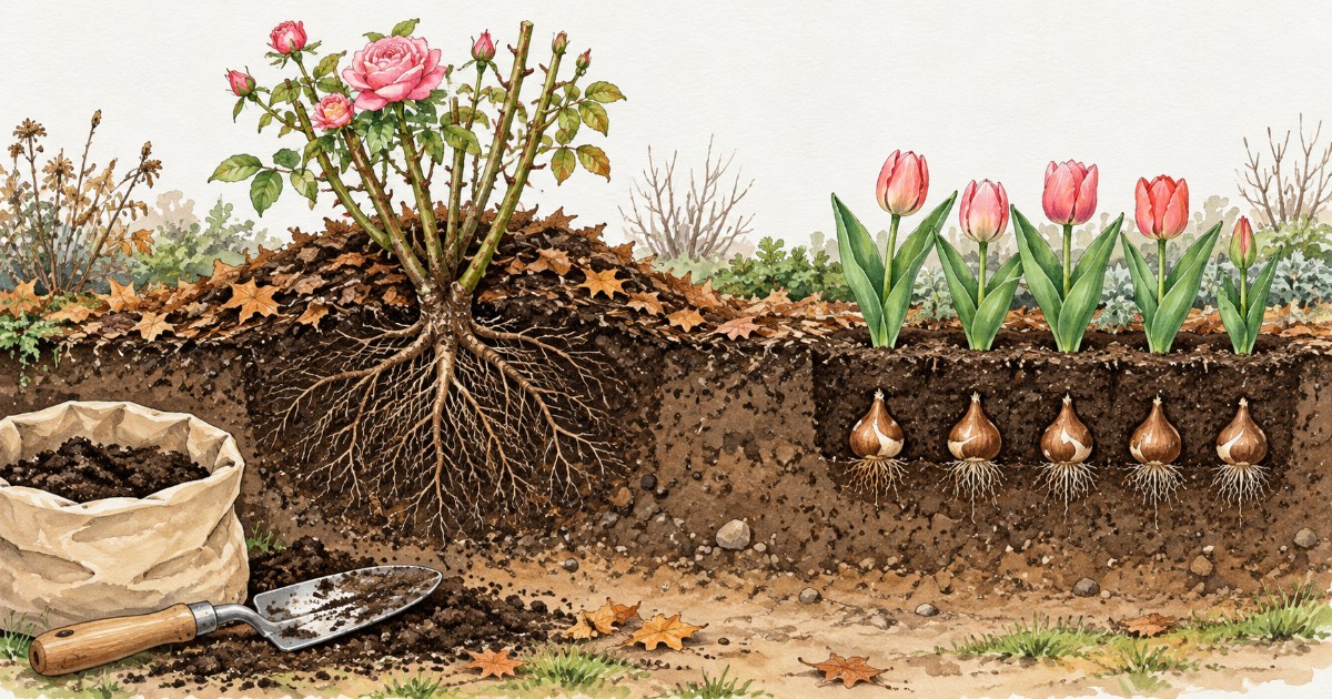 Řez záhonem s kořeny růže pod kompostem a cibulemi tulipánů v půdě
